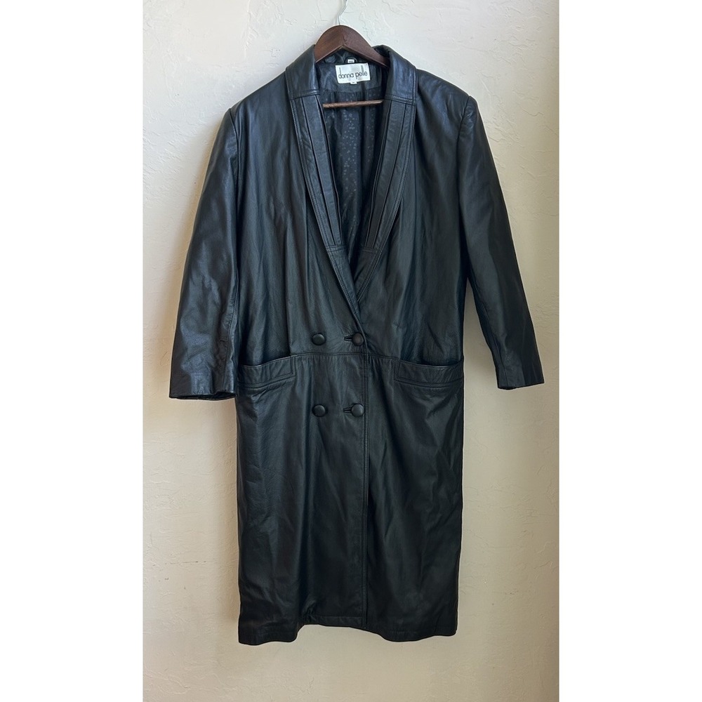 Vintage 80s 90s Donna Pelle Long‎ Black Leather Trench Coat M Grunge Goth Cyber